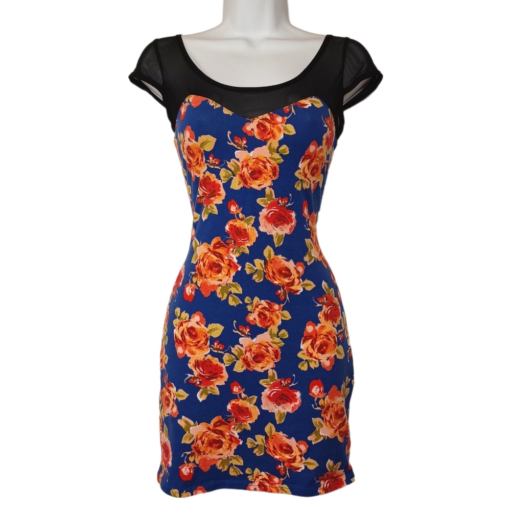FOREVER 21 Pink Orange Floral Print Black Semi Sheer Mesh Blue Bodycon Dress